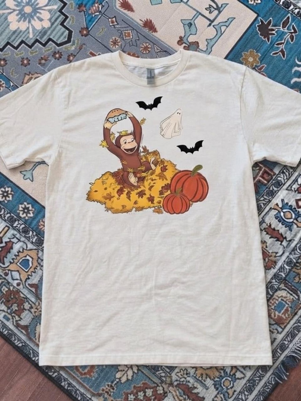 Gildan White Curious George Halloween Tee with Orange Pumpkins